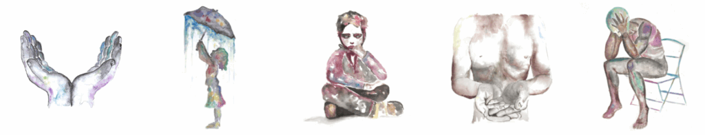 a series of five watercolor paintings: hands cupped, a young girl holding an umbrella, a child reading, someone with hands outstreched, and a person sitting with head in hands
