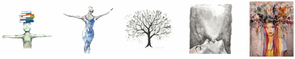 a series of five watercolor paintings