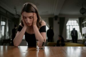 a woman sits at a table with a cup of water in front of her looking stressed thinking about starting Trauma Therapy in Chicago