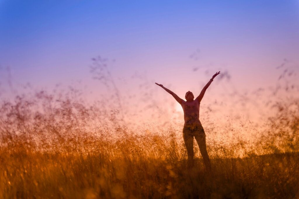silhouette of a person standing in a field with their arms up and the sunset behind them